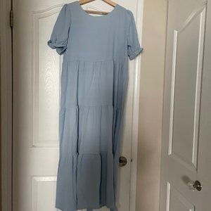 Shein Light Blue Puff Sleeve Ruffle Hem Dress